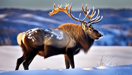 Elk in the snowy landscape. Wildlife scene from wild nature.の素材