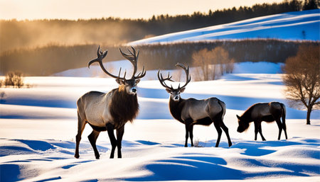 Elk and deer in a snowy field in the evening light.の素材