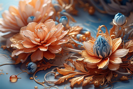 3d illustration, orange and blue flowers on a blue background.の素材