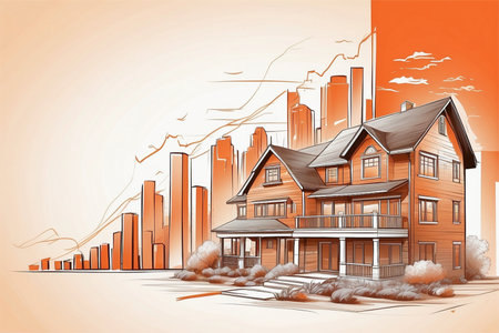 House on the background of a high-rise building. Vector illustrationの素材
