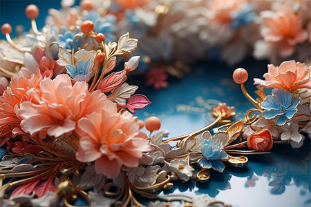 Beautiful flowers and jewelry on a blue background. Selective focus.の素材