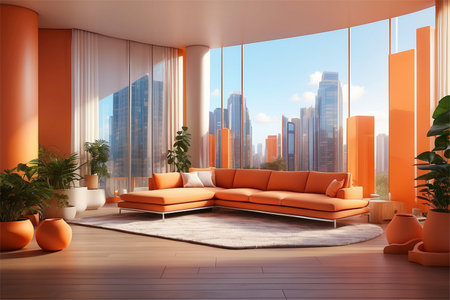 Modern living room interior design with orange sofa and modern city view 3D renderingの素材