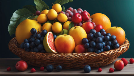 Fruits in a wicker basket on a wooden table, horizontalの素材