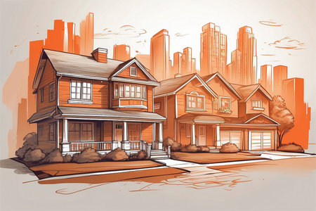 Vector sketch of a house on the background of a modern city.の素材