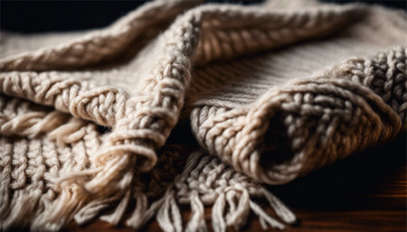Knitted woolen scarf on a wooden background. Selective focus.の素材