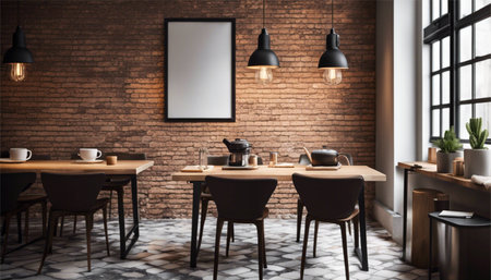 Modern cafe interior with brick wall and wooden floor. Mock up, 3D Renderingの素材