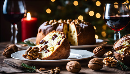 Christmas cake with walnuts and raisins on a wooden backgroundの素材