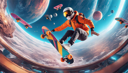 Skateboarder in helmet riding on skateboard. Mixed mediaの素材