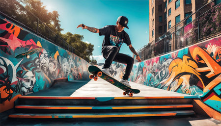 Skateboarder doing a trick in a skate park. Skateboarder performing tricks in a skatepark.の素材