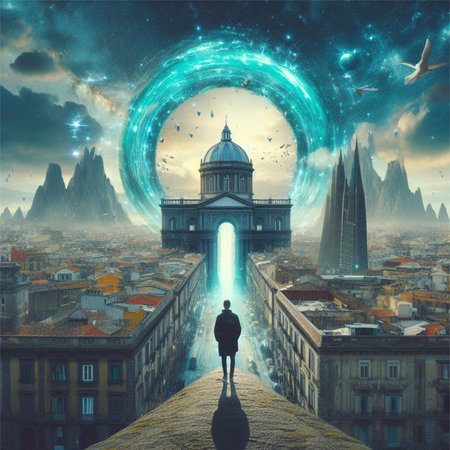Fantasy landscape with a man on the background of the city.の素材