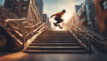 Skateboarder riding on stairs in New York. Mixed mediaの素材