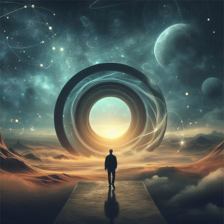 Man looking at an abstract spiral in the space. 3D renderingの素材