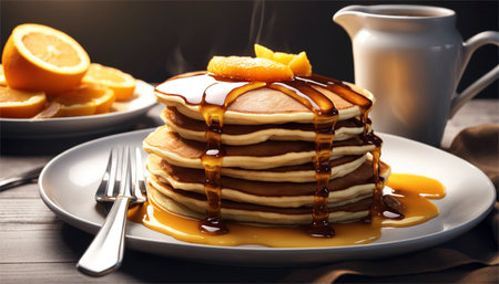 Stack of pancakes with orange and maple syrup on wooden table, closeupの素材