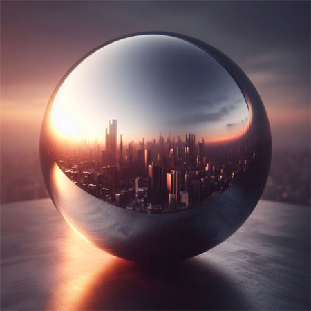 Glass sphere with modern cityscape in the background. 3D renderingの素材
