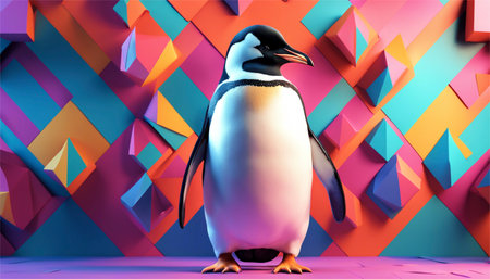 3d rendering of a penguin standing in front of geometric backgroundの素材