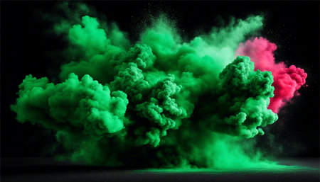 Green and pink smoke on black background. 3d rendering, 3d illustration.の素材