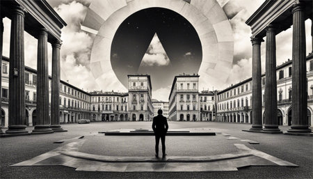 Man in front of St. Peter's Basilica in Rome, Italyの素材