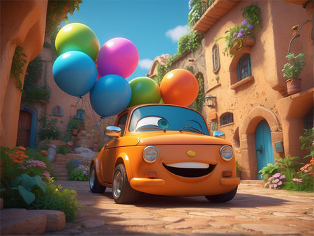 3D render of an old car with balloons in front of a houseの素材