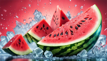 Watermelon with ice cubes on a red background. 3d renderingの素材