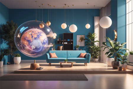 Interior of living room with blue sofa and sphere. 3d renderingの素材