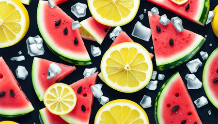 Creative layout made of slices of watermelon, lemon and ice cubes. Flat lay. Top viewsの素材