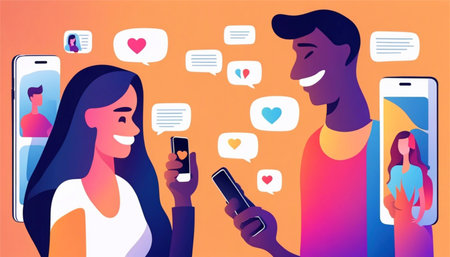 Online dating concept vector illustration. Man and woman chatting in social networks.の素材