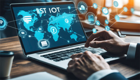 Inscription IOT on the virtual screen. Internet and technology concept.の素材