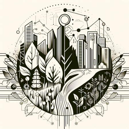 Ecology concept with city buildings and trees. Vector Illustration.の素材