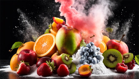 Fruits and berries with powder cloud on black background. Collage.の素材