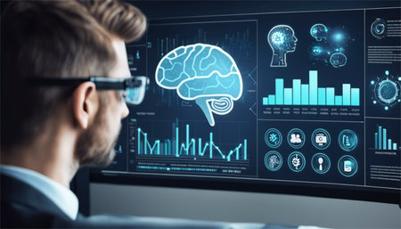 Side view of young businessman in eyeglasses using computer with digital business hologram. Innovation and innovation concept. 3D Renderingの素材