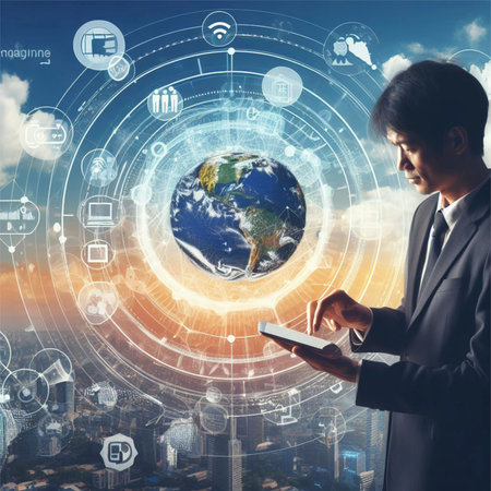 Double exposure of businessman using tablet with world map and cloud computing conceptの素材