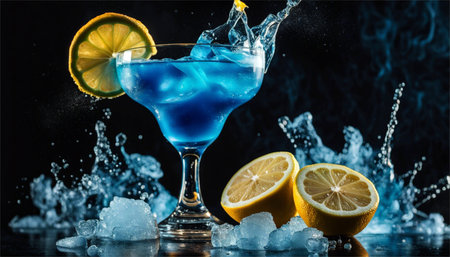 Blue curacao cocktail in martini glass with splash, ice cubes and lemon slices on black backgroundの素材