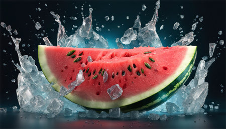 Watermelon with ice cubes on dark background. 3d rendering.の素材