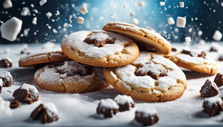 Cookies sprinkled with powdered sugar on a white background with falling snowの素材