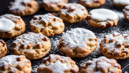 Cookies with raisins and powdered sugar on a black backgroundの素材