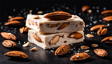 Almond nougat on a black background. Selective focus.の素材