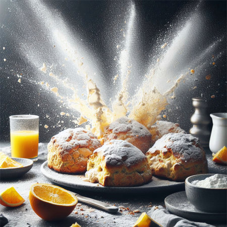 Scones with fresh orange juice and flour on a dark backgroundの素材