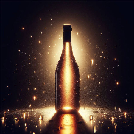Bottle of champagne with water drops on a dark background. 3d renderingの素材