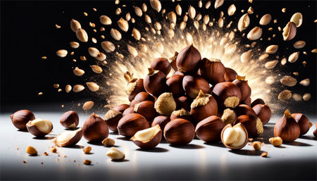 Hazelnuts explosion on a black background. Top view with copy spaceの素材