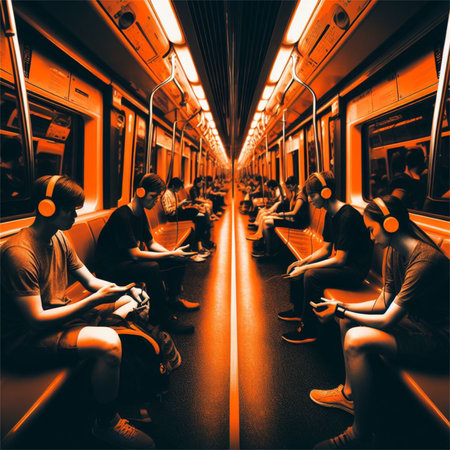 Group of people sitting in a train and listening to music with headphonesの素材