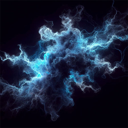 Abstract blue lightning on black background. Fantasy fractal texture. Digital art. 3D rendering.の素材