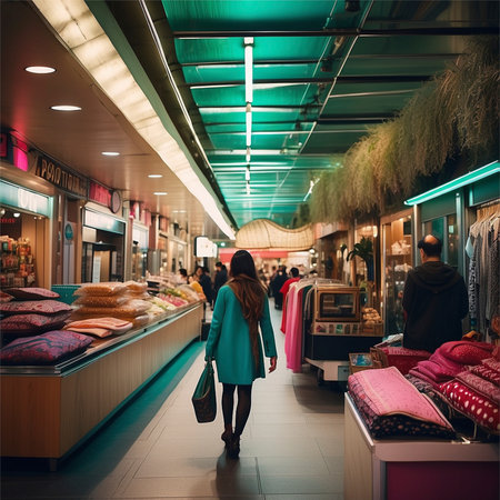 Young woman shopping in a shopping mall. Shoppers in the mall.の素材