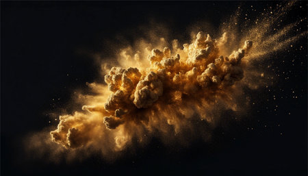 Explosion of yellow dust on black background. 3d rendering.の素材