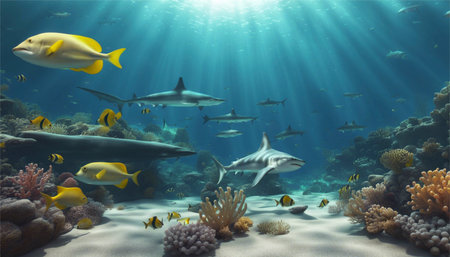 Underwater view of coral reef with fish and sharks. 3d renderの素材