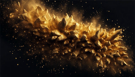 Abstract golden explosion on a black background. 3d rendering, 3d illustration.の素材
