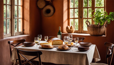 Table served with cheese, bread and wine in a rustic styleの素材