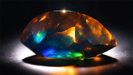Natural gemstone on black background with reflection. 3d illustration.の素材