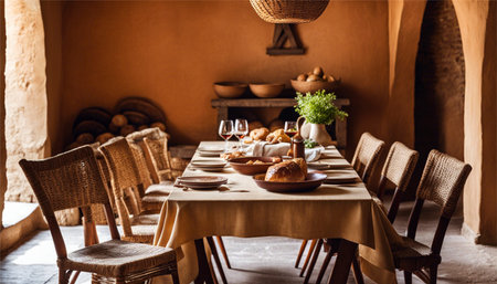 Table setting with croissants and glasses of wine in a restaurantの素材