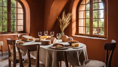 Interior of a luxury restaurant with a large window. 3d renderingの素材