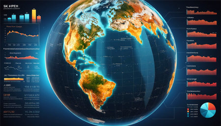 Illustration of Earth globe with infographics elements on dark blue backgroundの素材